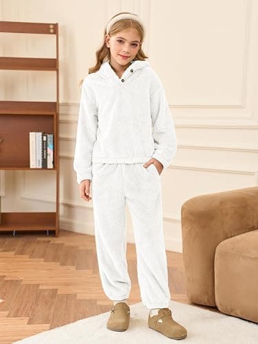 Haloumoning Girls 2 Piece Outfits Kids Fuzzy Bear Ear Hoodies Pullover Sweatshirt and Sweatpants Cute Clothing Sets thumbnail 2