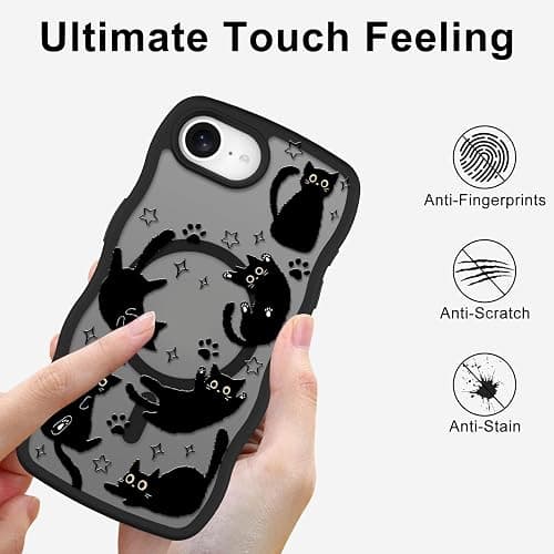 Heaofei Cute Case for iPhone 17e & 16e Case [Compatible with MagSafe] with Kawaii Black Cats Cat Print Pattern Design for Women Girls, Soft Wavy Edge Anti-Slip Animal Magnetic Protective Phone Cover thumbnail 6