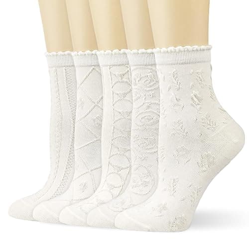 albagu Women's Crew Socks - Casual Cotton Cute Novelty Socks - Floral Ankle Socks - 5 Pack (White, One Size) - Image 1