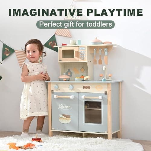 Play Kitchen for Toddlers, Kids Kitchen Playset Toy Kitchen Set, Toddler Kitchen Playset Wooden with with Faucet, Oven, Cookware Accessories thumbnail 7