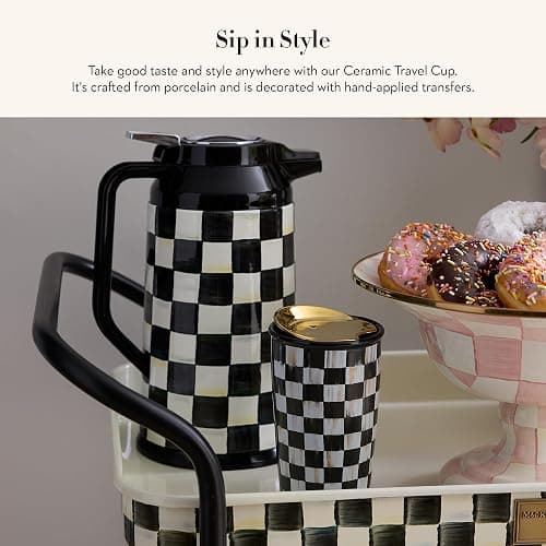 MACKENZIE-CHILDS Ceramic Travel Cup, Cute Tumbler Cup with Lid, 12 Ounces, Black-and-White Courtly Check thumbnail 3