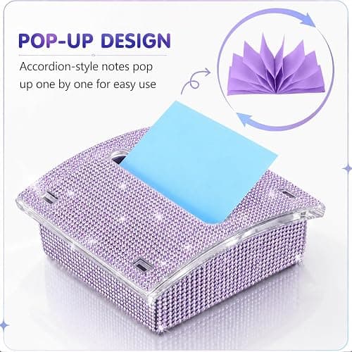 Rhinestone Sticky Note Holder for Desk, 4x4 Inch, with 100 Sheet Notepad | Bling Note Dispenser Office Desk Accessories Pop Up Note Holder for Cute Office Desk Accessories Women Coworker Gifts, Purple thumbnail 4