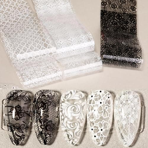 SILPECWEE 20 Rolls Lace Nail Foil White and Black Nail Transfer Foil Flower Nail Art Foils Decals Holographic Foils for Nails Manicure Stickers for DIY Acrylic Nails Decoration thumbnail 4