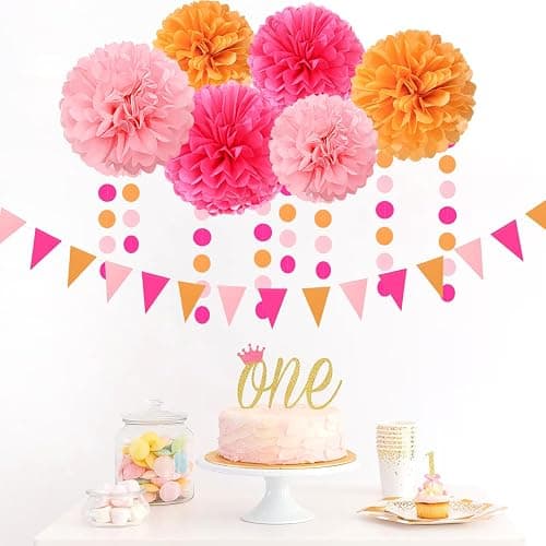 Hot-Pink Burnt-Orange Fall Party Decorations - 23pcs Birthday Baby Shower Tissue Pom Poms Streamers,Sunset Autumn Thanksgiving Tassel Garland Banner,Bridal Wedding Graduation Decor Backdrop Ouruola thumbnail 2