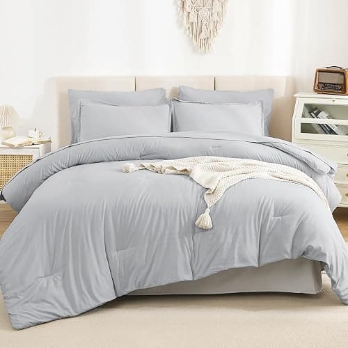 Litanika Full Size Comforter Sets Light Grey - 7 Pieces Bed in a Bag Full Bedding Comforter Sets, Solid Lightweight Bed Set with Comforter, Sheets, Pillowcases & Shams thumbnail 2