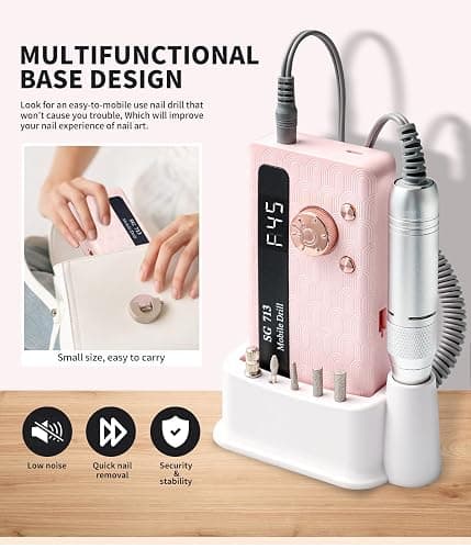 Electric Nail File Professional Kit - 45000RPM Portable Nail Drill Electric File with 11 Bits & Base丨LED Screen丨Ultra-Silent, Rechargeable Nail Drills Machine for Acrylic Nails Gel Polishing (Pink) thumbnail 7