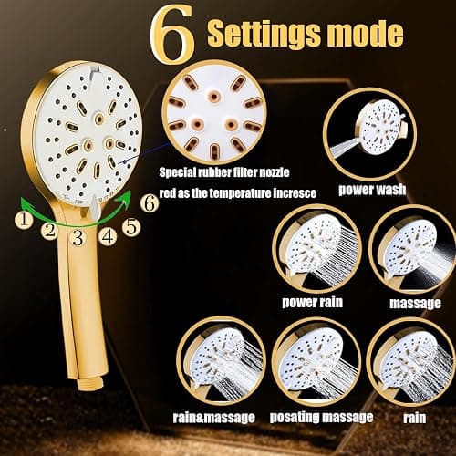Shower Head, 10'' High Pressure Rain Shower Head with 6 Settings/Spray Handheld Shower Head Combo, 78'' Long Hose and 11'' Extension Arm, Water Temperature Reminder (Square Gold Shower Heads) thumbnail 2