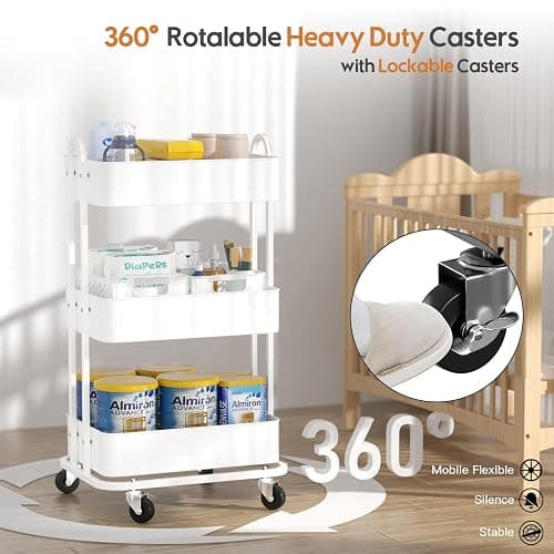 Ceayell 3-Tier Full Metal Utility Rolling Cart for Storage Organizer Cart for Office, Bathroom, Kitchen (White) thumbnail 6