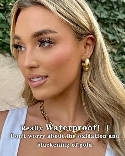 CONRAN KREMIX Waterproof Chunky Gold Hoops Earrings for Women Non Tarnish, Thick Gold Plated Circle Open Hoop,Lightweight Hollow Earrings Trendy thumbnail 7