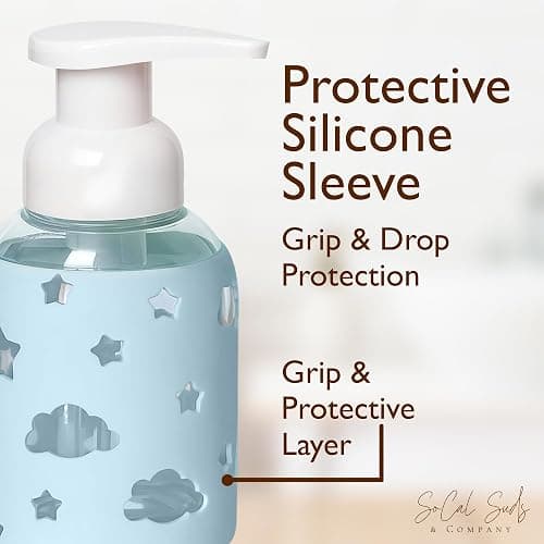 SoCal Suds & Company Foaming Hand Soap Dispenser Glass, Light Blue, 8oz | Liquid Soap Pump w/ Heart Silicone Sleeve, Refillable Bottle for Kids, Baby Wash & Shampoo, Ideal for Bathroom & Kitchen Use thumbnail 4