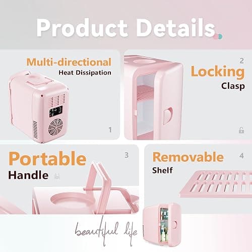 EUHOMY Mini Fridge, 4 Liter/6 Cans AC/DC Small Refrigerator for Skincare, Portable Cooler and Warmer for Skin Care, Cosmetics, Beverage, 4L Makeup Mini Fridge for Bedroom, Car, Office, Dorm, Pink thumbnail 7