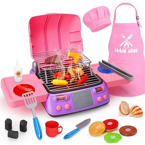 Kids BBQ Grill Playset with Coooking Apron Hat Toddler Girl Pink Kitchen Toy Ages 3-5 4-8 Pretend Smoke Sound Light Outdoor Barbecue Accessories Toy for 3 4 5 Year Old Girl Birthday Gift - Image 1
