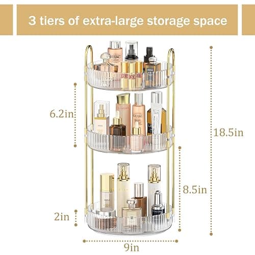 MOKANI 360 Rotating Makeup Organiser, 3 Tiers Spinning Skincare Organiser, Multi-Function Make Up Storage, Large Capacity Cosmetic Perfume Stand for Vanity, Bathroom and Bedroom - Transparent thumbnail 6