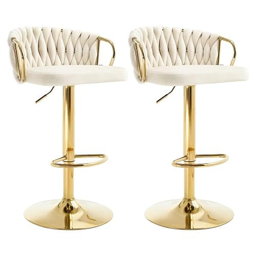 WOLTU Lot de 2 Tabouret de Bar avec Dossier Tissé et Repose-Pieds, Tabouret Pivotant à 360°, Hauteur Réglable, Base Évasée en Métal, Crème, BH426cm-2 - Image 1