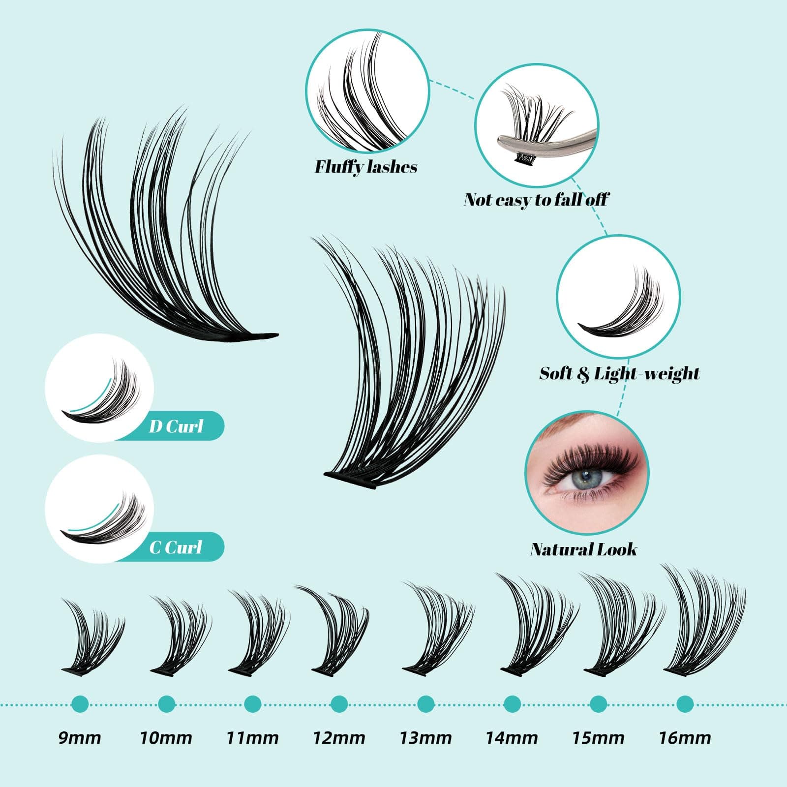 Lash Extension Kit 320Pcs,DIY Individual Lashes Clusters,Lash Bond And Seal,Remover For Eyelashes Extensions,Applicator Tool For False Eyelash Cluster At Home(3040D,D-Mix9-16mm Kit) thumbnail 3