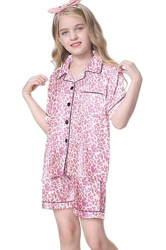 Umeyda Women & Girls Pajamas Set, Soft Satin Lightweight Silk Button-Down Top with Shorts 2 Piece PJS for Mom Boys Kids Gifts thumbnail 2