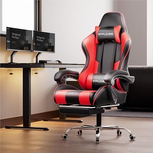 GTPLAYER Gaming Chair, Computer Chair with Footrest and Lumbar Support, Height Adjustable Game Chair with 360°-Swivel Seat and Headrest and for Office or Gaming (Faux Leather, Red) thumbnail 2