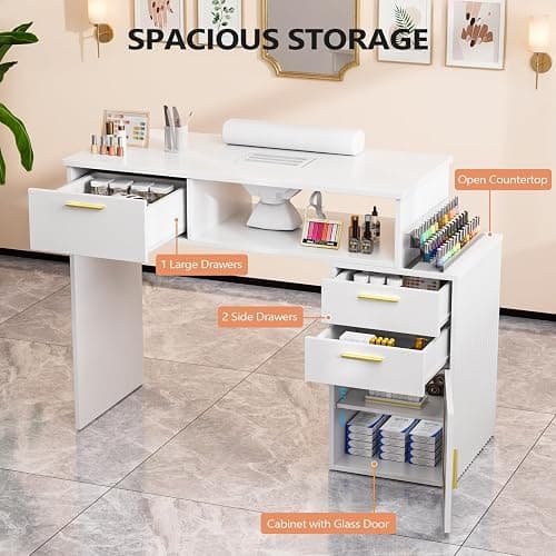 OmySalon Nail Desk with Ribbed Design & Electric Dust Collector - Nail Tech Station with Storage Drawer, Fluted Glass Cabinet & Wrist Cushion for Home Salon & Spa (White) thumbnail 5