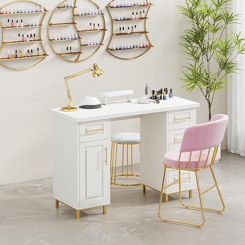 MaverickFurni Nail Tech Desk for Nail Tech, 43 Inch Wooden Manicure Table with Storage, Nail Table with 5 Drawers and Cabinet, Manicure Desk Nail Station (White) thumbnail 2