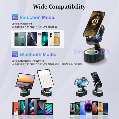 AKLLCCR Wireless Induction Audio Bluetooth Speaker 5in1 Phone Holder Emergency Rechargeable (3000mAh) with Colorful Ambient Light 300° Foldable for Tablet iPhone Android, Gifts for Men Women (Black) thumbnail 6