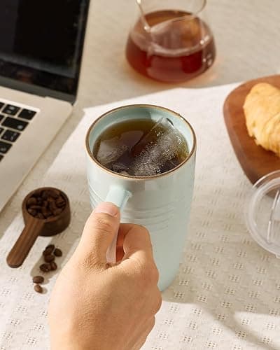 famiware Jupiter Large Coffee Mug, 20oz Coffee Mug with Lid, Ceramic Mugs Set of 2, Cup Set with Handle for Latte, Tea, Cocoa, Milk, Home & Office, Microwave and Dishwasher Safe, Light Green thumbnail 2