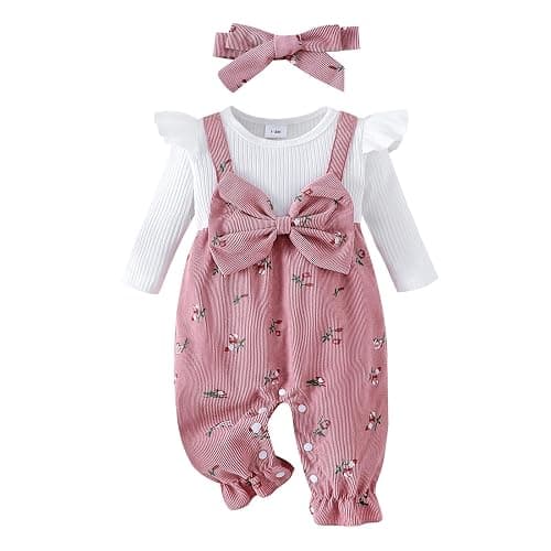 Geagodelia Corduroy One Piece Baby Girl Clothes with Headband | Cotton Blend, Newborn Baby Grow, Long Sleeve Floral Print Romper, Baby Girl Gifts, Baby Girl Coming Home Outfit - Image 1