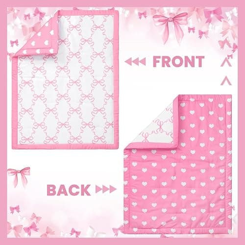 Hahafelt 3 Pcs Baby Girls Crib Bedding Set Coquette Pink Bow Baby Bedding Set for Girls Coquettish Pink Heart Bow Infant Nursery Includes Quilt, Fitted Crib Sheet and Skirt thumbnail 4