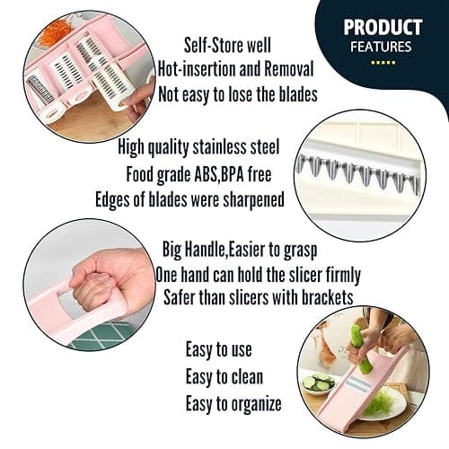 NACOLUS Mandoline Slicer for Kitchen Slicer Vegetable Cutter 5 In 1 Veggie Slicer Potato Slicer waffle fry cutter Hot Swap Mandolin with Peeler for Vegetables Carrot Shredder Cucumber Slicer - Pink thumbnail 6