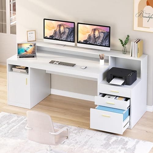 YOMILUVE Computer Desk with 3 Drawer & Storage Shelves, Home Office Desk with File Drawer & Cabinet, Writing Study Table with Long Monitor Stand & Printer Shelf, Executive Desk, White - Image 1
