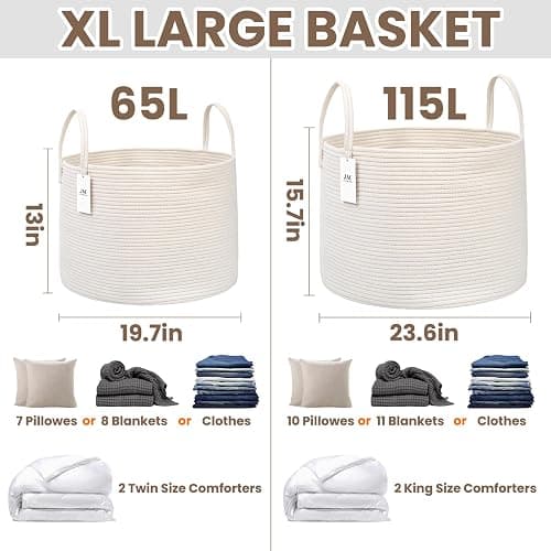 JMvicyroam Woven Blanket Basket,65L Large Rope Storage Bin with Handles, Organizer for Blankets Toys Book and Clothes, Laundry Basket for Living Room Bedroom Nursery,White thumbnail 2