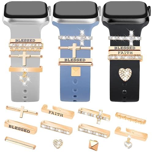 JR.DM 11-Pcs Super Bling Watch Charms with 9-Pcs Decorative Rings Loops 2-Pcs Decoration, Compatible with Apple Watch Band Metal Diamond Sliding Accessories for iWatch Series 11 10 9 8 7 6 5 4 3 2 1 - Image 1