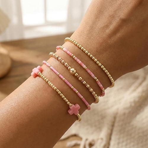 Bohxantium Gold Beaded Bracelets Stack for Women Stackable 14K Gold Plated Beads Ball Cross Bracelet Boho Christian Jewelry Faith Friendship Birthday Gifts for Women thumbnail 3