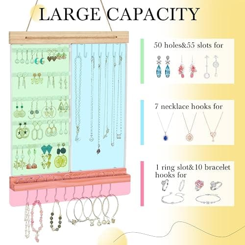 Hanging Jewelry Organizer and Storage, 5-Tier White Earring Necklace Holder Jewelry Display Organizer Stand Rack, Wall Mounted for Earrings Necklaces Bracelets and Rings, White thumbnail 5