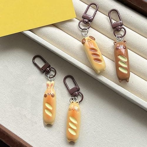 4Pcs French Bread Cute Keychain Key Rings for Backpack Purse - Cat, Rabbit, Dog, Bear Resin Creative Pendant Charms - Kawaii Accessories for Women thumbnail 8