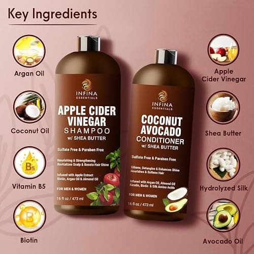 Apple Cider Vinegar Shampoo and Conditioner Set Sulfate Free for Men & Women - Itchy Scalp Shampoo w/Moisturizing Coconut Avocado Conditioner - Loc Shampoo and Conditioner for Dreads, 16 fl oz each thumbnail 2