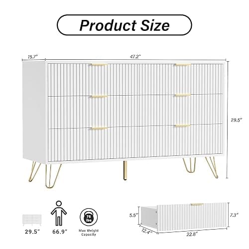 Furniway White Dresser for Bedroom with Gold Metal Handles, 47.2" Wide Modern Chest of Drawers Storage Organizer for Living Room, Closet, Hallway thumbnail 2