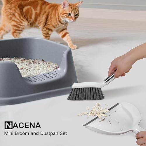 NACENA Mini Broom and Dustpan Set, Small Dust Pan and Brush Set with Handle Dustpan Teeth for Cleaning Hair Suitable for Office Desks Drawers Sofas Outdoor Camping, White & Gray thumbnail 8