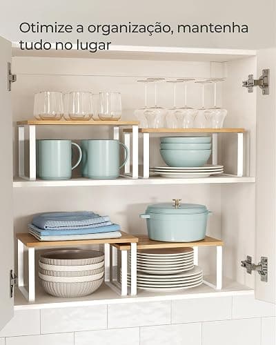 SONGMICS Cabinet Organizer Shelf, Set of 2 Kitchen Counter Shelves, Kitchen Storage, Spice Rack, Stackable, Expandable, Metal and Engineered Wood, 11.7 Inches, Cloud White and Natural Beige UKCS02NW thumbnail 4
