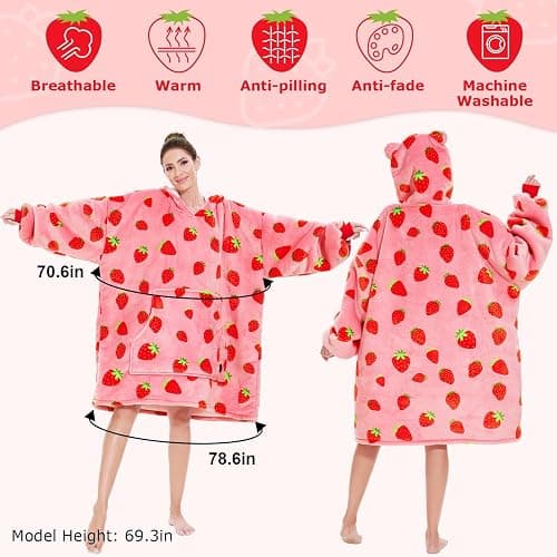 THREE POODLE Wearable Blanket Hoodie for Women, Oversized Sherpa Sweatshirt Blanket for Adults Men, Cozy Strawberry Hooded Blankets, Gifts for Teen Girls Women Mom Sister thumbnail 3