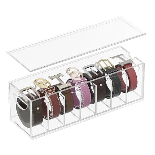 ZhiYo-Life Acrylic Belt Organizer with Dust Cover – Clear Belt Storage Box for Closet or Drawer, Belt and Tie Display Holder Case with 7 Compartments for Men and Women - Image 1