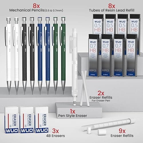 WUO 0.5 & 0.7 mm Mechanical Pencils with Eraser Pen Storage Case, 8 PCS | Metal Drafting Pencil Set, 480 HB Lead Refills, 3x4B Erasers, 11 Eraser Refills for Artist Writing Drawing Sketching thumbnail 8