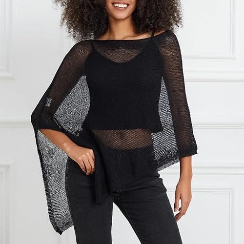 Women Sheer Poncho Top Knit Crochet Lightweight See Through Shawl Summer Shrug Beach Cover Up thumbnail 4