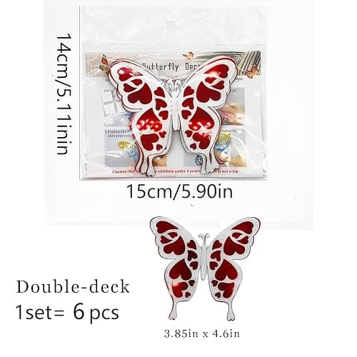 Rchovsam 3D Butterfly Wall Decor Party Rose Butterfly Sticker Decoration 3.85x4.6 inche Red Black Double Deck Removable Sticker for Birthday Holiday Party Decoration-6pcs thumbnail 3