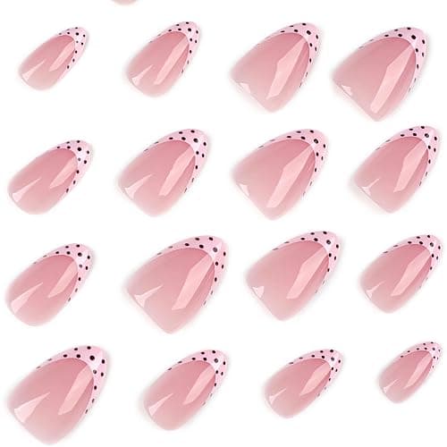 Stbisen Medium Short Almond Press On Nails, Milky Nude Fake Nails with Pink French Tips and Brown Polka Dot Design, Glossy Reusable Glue On Nails for Women Daily Wear Date Night, 24PCS thumbnail 3