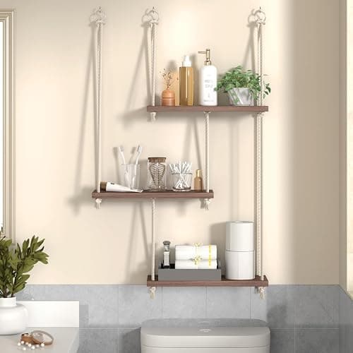 REFGY Hanging Shelves for Wall with Vine Lights, 3 Tier Rope Wall Hanging Plant Shelf, Boho Wall Decor Aesthetic for Succulents, Bedroom, Living Room, Bathroom (Rustic Brown) thumbnail 5