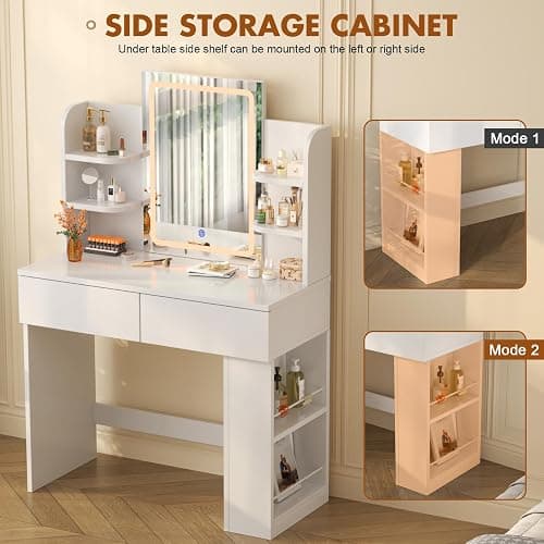 Devoko Dressing Table with LED Lighting Mirror,3 Light Colors,Adjustable Brightness,Vanity Table,Makeup Desk with 2 Drawers and 4 Storage Shelves, 90 x 40 x 135 cm, Modern White thumbnail 6
