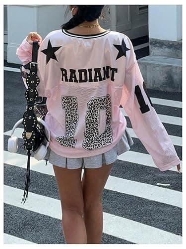 Floerns Women's Y2K Long Sleeve Oversized Jersey Shirt V Neck Leopard Number Graphic Tee - X-Small - Pink Multi thumbnail 2