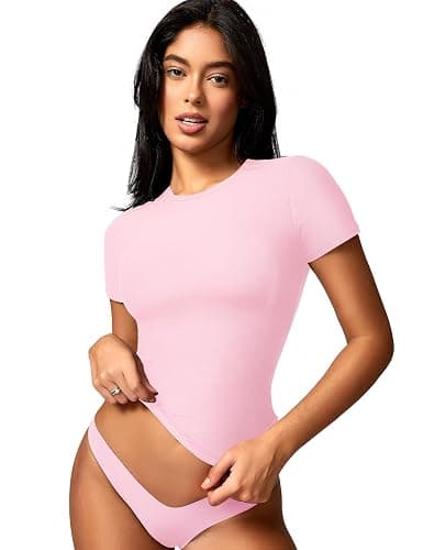 YEOREO Women Fitted Workout Tops Short Sleeve Double Lined Basic Y2K Going Out Crew Neck Compression Crop Top thumbnail 7