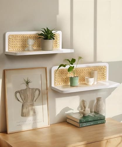 Maxpeuvon Rattan Floating Shelves, Boho Cane Webbing Wall Shelves Farmhouse Display Storage Organizer White Bookshelves Wicker Room Decor for Living Room Bedroom Entryway Hallway Bathroom, Set of 2 thumbnail 2