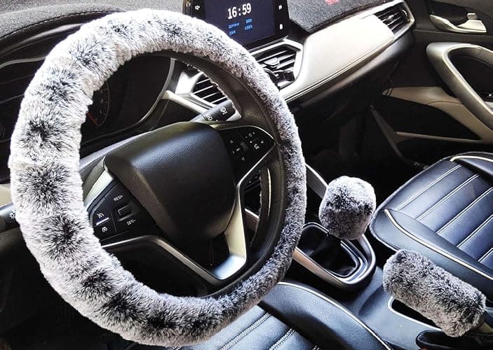 3Pcs/Set Fashion Faux Wool Fur Furry Steering Wheel Cover,Short Hair Soft Fluffy Handbrake Cover,Gear Shift Cover,Universal Thickening Fuzzy Warm Non-Slip Auto Interior (Manual,Black Grey) - Image 1